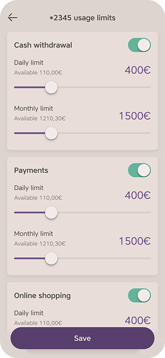 In the IN Pay app, you can change the usage limits and view the card PIN code regardless of your location and time.